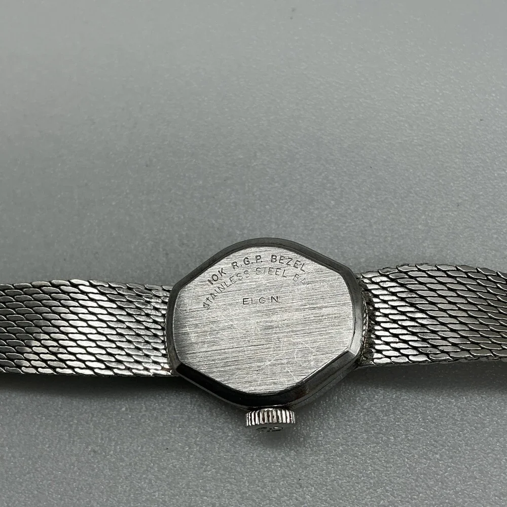 Vintage Elgin Womens Watch 16mm Silver Dial Mesh Band Manual Wind 10K RGP